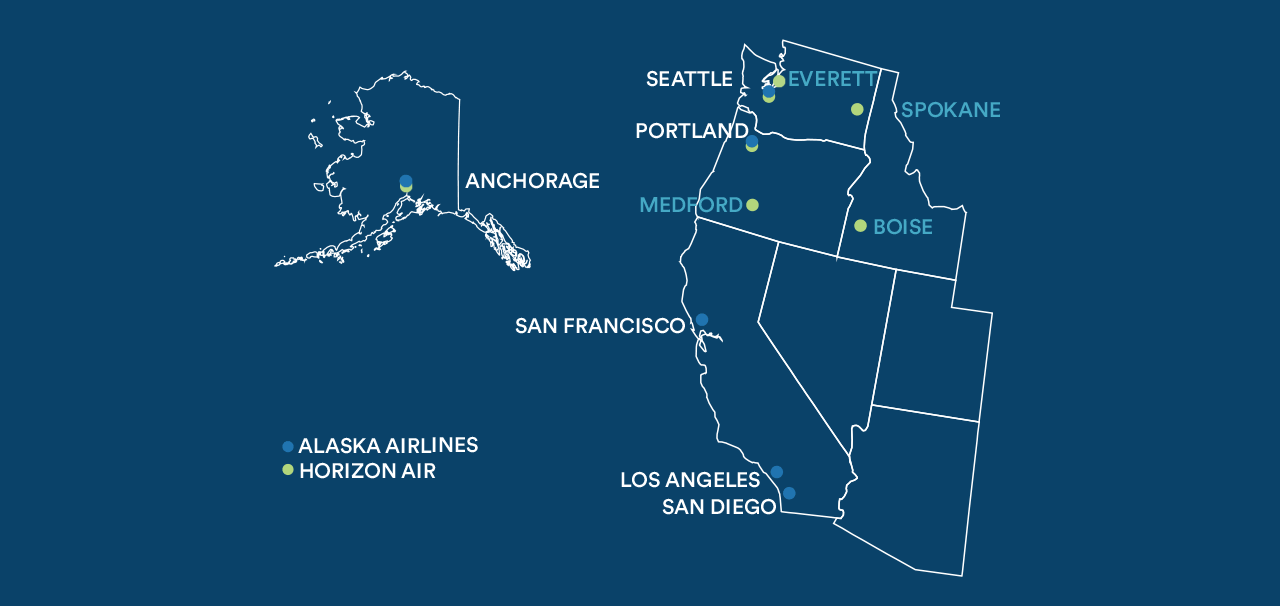 Alaska bases are in Anchorage Alaska, Seattle Washington, Portland Oregon, San Francisco California, Los Angeles California, and San Diego California. Horizon Air bases are in Seattle Washington, Spokane Washington, Boise Idaho, Portland Oregon, and Medford Oregon